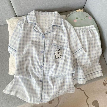 【臺灣-出貨】夏季兒童卡通線條小狗短袖短褲睡衣居家服中大童男女童薄款空調服LJS36