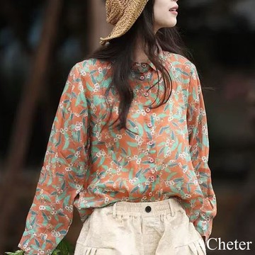 【ACheter】文藝簡約碎花氣質襯衫棉麻風長袖百搭寬鬆短版上衣# 123531(現貨+預購)