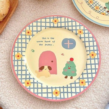 臺灣+免運✨陶瓷盤子 碟子ins可愛韓系童趣小狗插畫餐具陶瓷餐具甜品餐盤早餐盤子