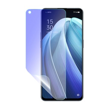 o-one OPPO Reno7 5G 抗藍光保護貼 採用特製TPU膜料,添入製程阻隔藍光,有效阻隔率達39.8% SGS 環保無毒材質