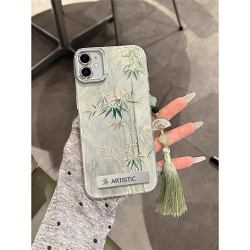 適用蘋果11手機殼iPhone11保護套女新款防摔簡約愛瘋十一閃粉羽紗硬殼防滑殼iPhone11中國風帶支架風雅玉骨竹