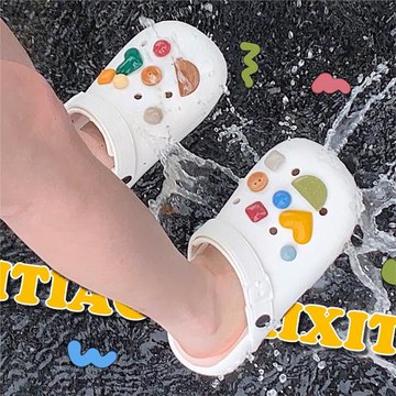 個性幾何愛心花扣親子洞洞鞋女夏外穿百搭eva防臭鏤空包頭涼拖鞋