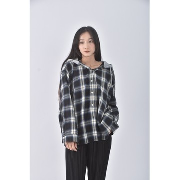 (XL) 質感棉質連帽格紋藍色長袖上衣二手衣