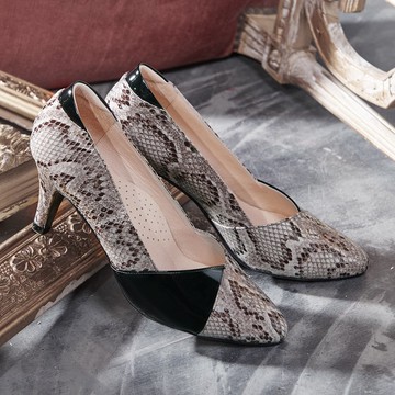 真皮拚色尖頭高跟鞋 蛇紋黑色 零碼優惠