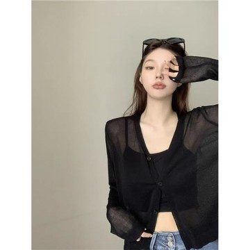 黑色薄款防曬衣冰絲針織開衫外套女吊帶外搭罩衫夏季寬松長袖上衣