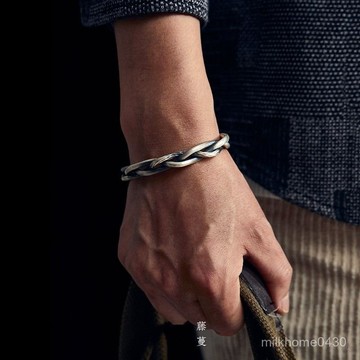 🖐🏻限時下殺🖐🏻簡約綫條麻花手鐲男女複古重工編織個性嘻哈S925銀手環網紅手飾潮