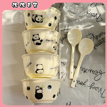 🔥臺灣出貨快🔥【四件套】可愛熊貓仔仔奶fufu陶瓷碗釉下彩飯碗甜品碗2碗2勺