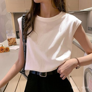 白色無袖T恤女寬鬆季黑色背心體恤學生上衣外穿ins C15