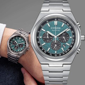CITIZEN 星辰 Zenshin 新鈦度 限量 超級鈦 光動能復古三眼計時手錶-銀x綠 CA4610-85X