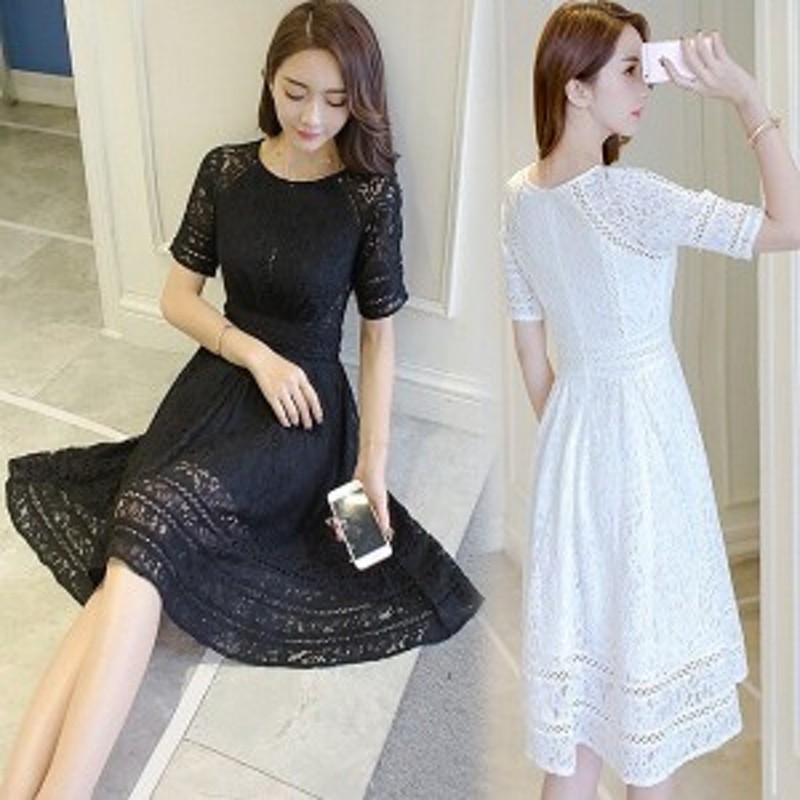 ワンピース レディース 春夏 40代 膝丈ワンピ 半袖 レースワンピ  