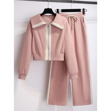 休閑運動闊腿褲兩件套裝女2026年早春秋季新款粉色娃娃領衛衣外套