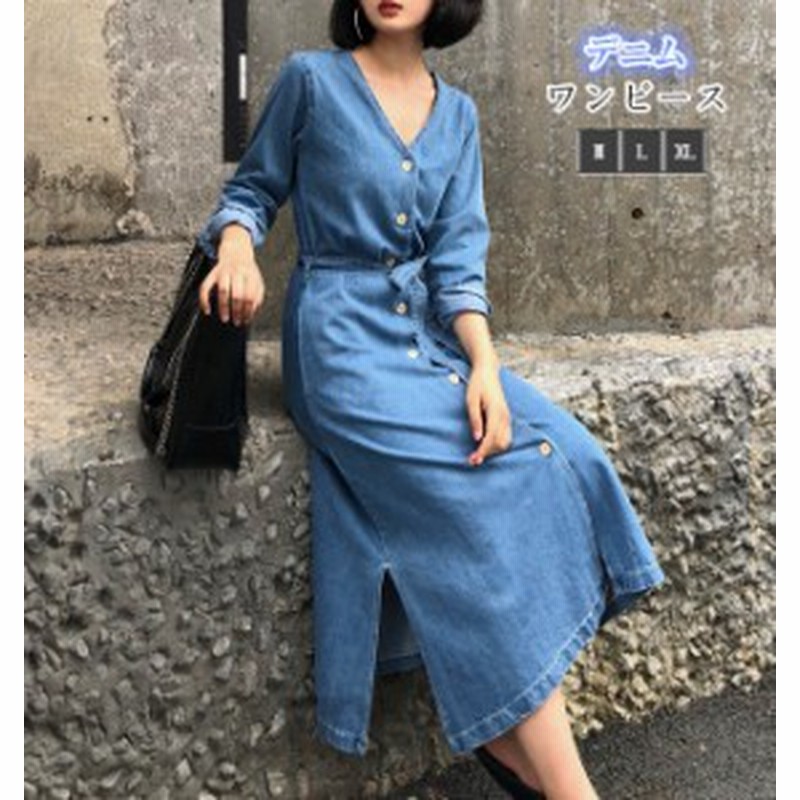 デニムワンピース ロング レディース 春新作 長袖 デニムワンピ シャツワンピ コート ライトアウター ベルト付 ロングコート ゆったり 体 通販 Lineポイント最大6 0 Get Lineショッピング