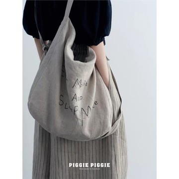 PIGIGE BIGIGR“多吃多睡”日系重磅亞麻刺繡兩用布包SP0027