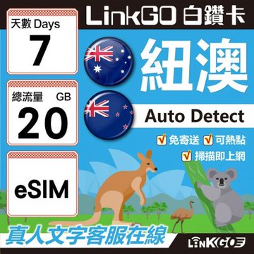 LINKGO白鑽卡 紐澳 eSIM卡 7天上網卡 總流量20GB 高速流量(紐澳網卡 紐西蘭 澳洲 虛擬卡)