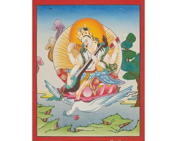 手繪薩拉斯瓦蒂辯才天女唐卡藝術品配蓮花與孔雀