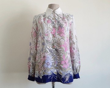 復古白粉花卉印花襯衫 女款長袖雪紡衫 XS