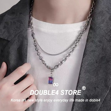 【DOUBLE4】漸層寶石鈦鋼項鍊 雙鍊造型 不退色 韓系項鍊 鋼項鍊 男女 C105