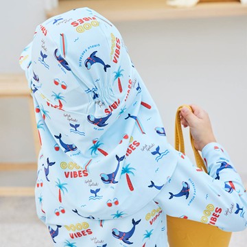 韓國 Bebechat - UPF 50+抗UV超防曬遮脖帽/戲水帽-盛夏海豚-天藍