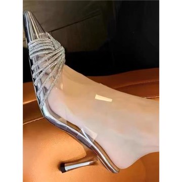 尖頭交叉水鉆高跟鞋2024新款透明甜美一字帶涼拖鞋細跟宴會仙女鞋