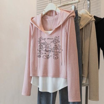 甜美風秋冬打底上衣女微胖mm大碼寬松假兩件粉色連帽衛衣ins外套