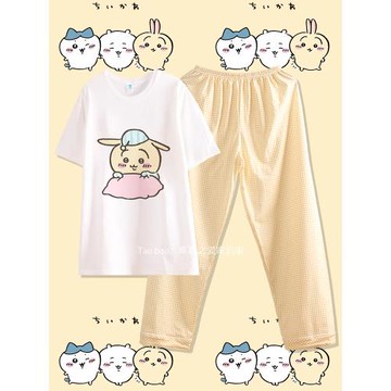 純棉chiikawa吉伊卡哇睡衣女春秋季長袖圓領黃色格子烏薩奇家居服