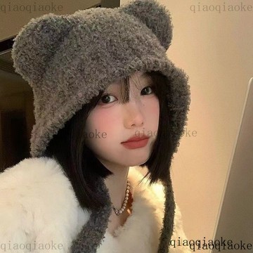 鲸选🐋日韓帽子 鼕季繫繩 可愛小熊帽子耳朵 毛絨帽子女 鼕季百搭 保暖護耳帽針織毛線 騎車帽子保暖