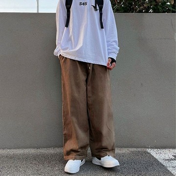 男長褲 休閒純棉斜紋直筒褲 【S-5XL】素色褲子男ins寬松高街闊腿拖地褲 潮流闊腿運動休閑設計感九分褲 L255