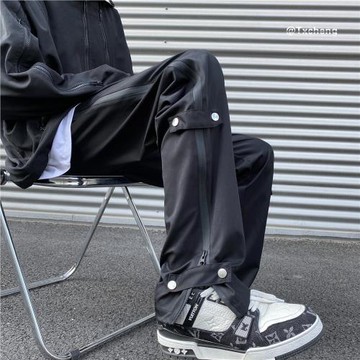 沖鋒褲男款春秋美式高街戶外機能風寬松直筒褲子排扣拖地休閑長褲