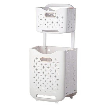 AOTTO 創意傢俱 多功能附輪折疊雙層髒衣籃 AS-019  34.5 x 26 x 75cm  白色