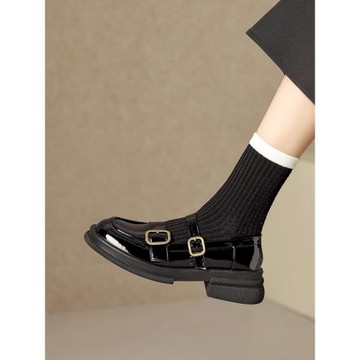 波斯沙漠~ITSK樂福鞋女復古厚底粗跟黑色漆皮英倫風小皮鞋單鞋