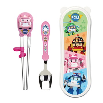 Edison 波力救援小英雄 不鏽鋼筷匙組 Amber款  右手用附收納盒  粉色  1組