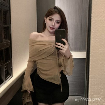 BA[限時特賣]T恤 短袖T恤 短袖上衣 女生上衣官圖實價 薄款微透防曬衫長袖T恤修身一字肩氣質短上衣女春夏季L