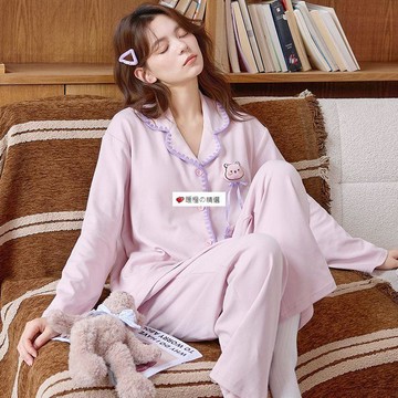 可開發票☆【臺灣精品】💕雙面純棉睡衣女春秋季全棉翻領長袖甜美寬鬆大碼秋冬可外穿家居服