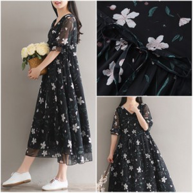 ワンピース ヴィンテージ レトロ 小花柄 花柄ドレス かわいい ミディ丈 7分袖 大人可愛い Vネック シフォン 森ガール 春 通販 Lineポイント最大1 0 Get Lineショッピング