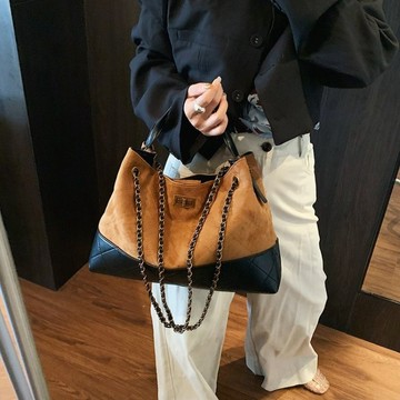 2026新款牛津纺磁扣链条麂皮拼接通勤小香风女手提单肩包秋简约百搭
