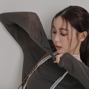 彈力網紗圓領上衣-灰【KT224227】