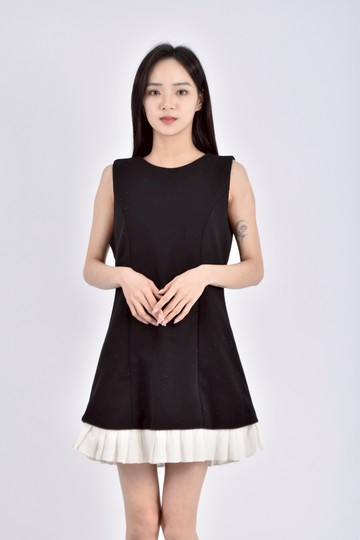 (S) 質感假兩件無袖黑色洋裝