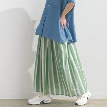 日本 OMNES - 100%印度棉 夏日透氣長裙-綠條紋