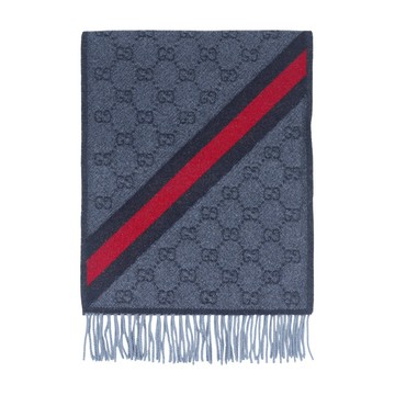 [平輸]GUCCI GG Logo 藍紅斜條紋羊毛圍巾(深灰色)