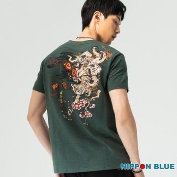 日本藍 BLUE WAY –金標百福燈籠火狐短TEE(灰綠)