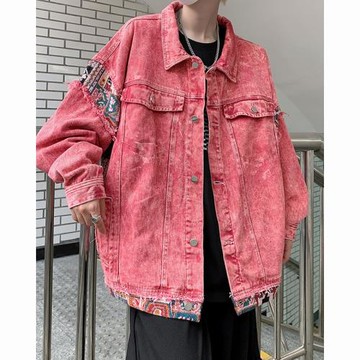 時尚水洗拼接牛仔夾克男女港風春秋款設計感紅色個性毛邊工裝外套