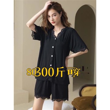 黑色大碼睡衣套裝女春夏季短袖短褲兩件套300斤寬松休閑家居服潮