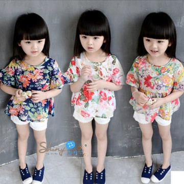 【R0102】shiny藍格子-嬰幼館．夏裝新款女童花朵碎花薄款娃娃衫