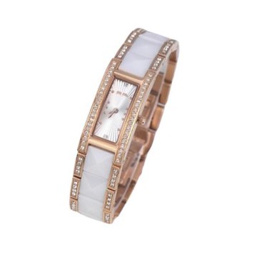 Folli Follie  14毫米 經典方形 完美閃耀 精鑲水晶奢華陶瓷腕錶(玫瑰金X白 FF022888)