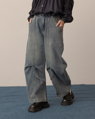 姵萱聯名 洗水剪接打褶彎刀牛仔褲 S/M/L/XL