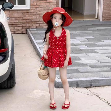 Mimo⭐韓版女童連衣裙夏季蓬蓬紅色寶寶波點背心兒童花苞羣