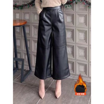 加絨皮褲女款2025新款冬季小個子褲子九分直筒褲女秋冬休閑闊腿褲