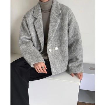 韓系毛呢西裝外套男秋冬加厚西服雅痞高級設計感灰色短款呢子大衣