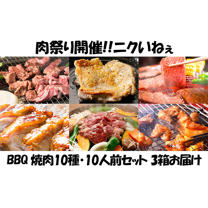 肉祭り開催！BBQセット　～焼肉10種　10人前コース～　3箱セット