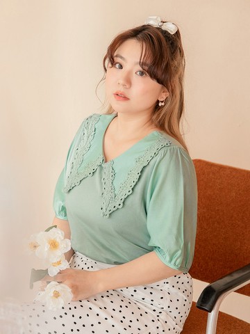 雲朵自訂款-V領蕾絲甜美澎袖高含棉上衣